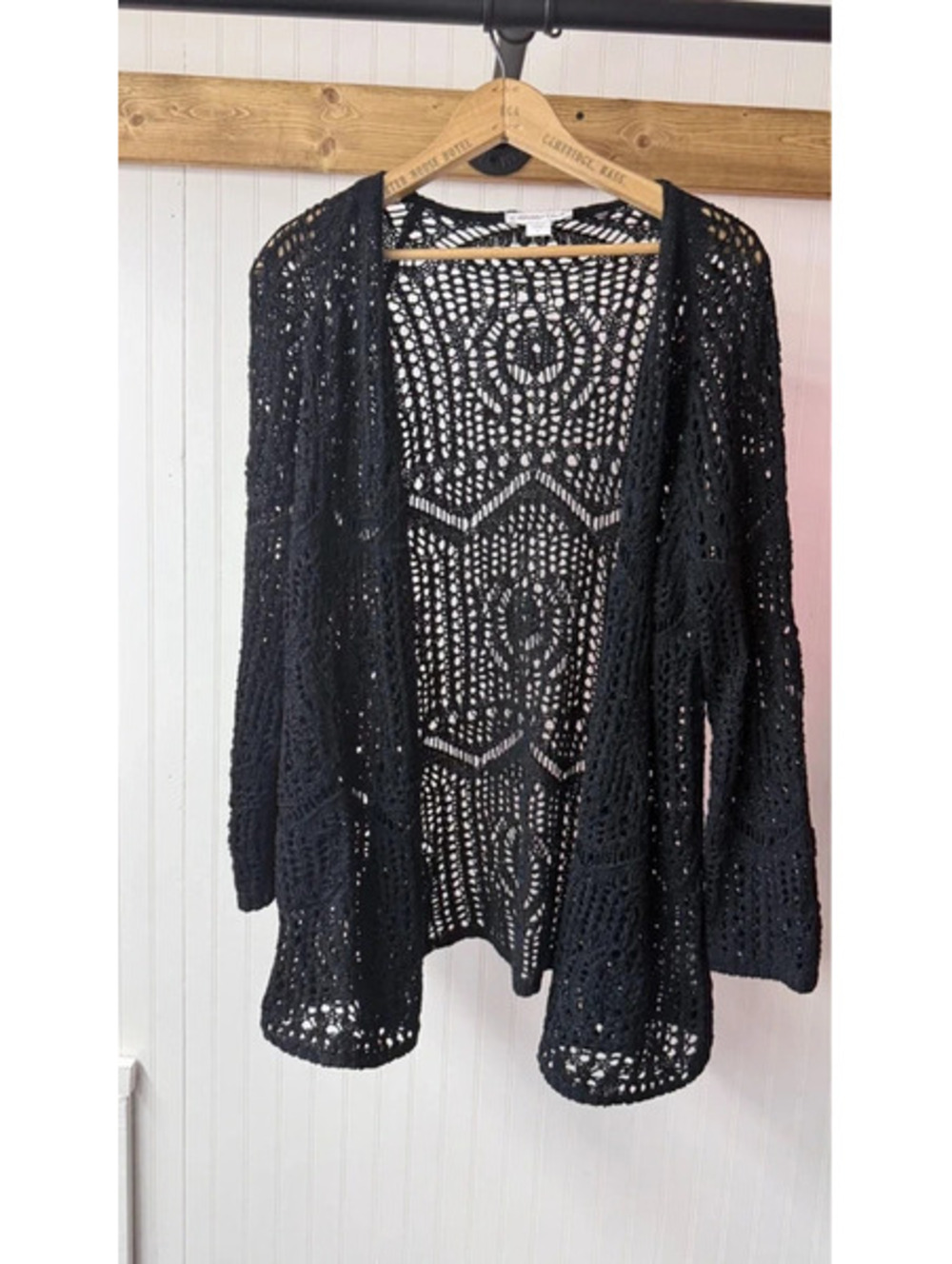 Coldwater Creek black open-front crochet cardigan boho witchy grandma large